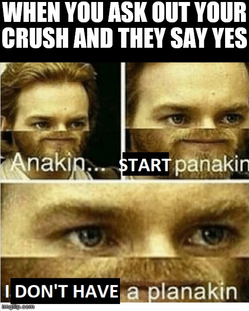 anakin, start panikin | WHEN YOU ASK OUT YOUR CRUSH AND THEY SAY YES | image tagged in anakin start panikin | made w/ Imgflip meme maker