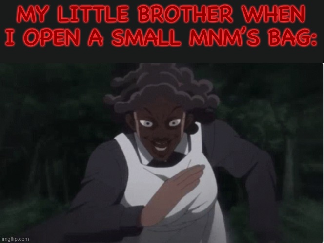 Lord help me... | MY LITTLE BROTHER WHEN I OPEN A SMALL MNM’S BAG: | image tagged in krona run,little brother,sibling rivalry | made w/ Imgflip meme maker