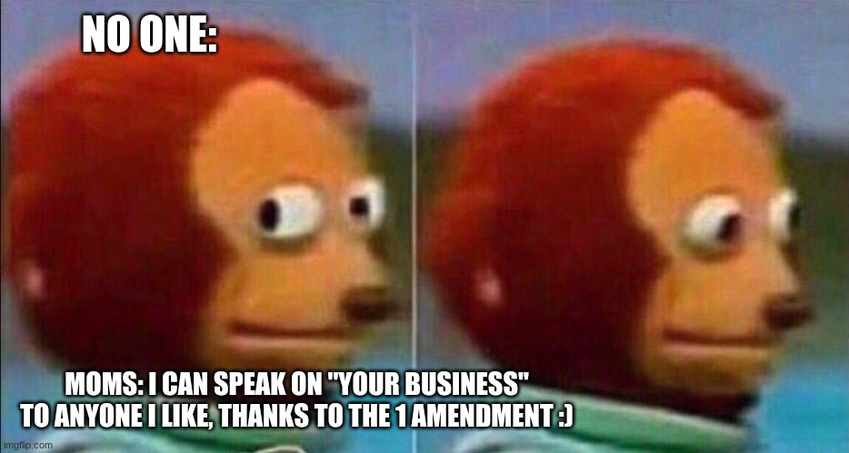 ? 1 | NO ONE:; MOMS: I CAN SPEAK ON "YOUR BUSINESS" TO ANYONE I LIKE, THANKS TO THE 1 AMENDMENT :) | image tagged in monkey looking away | made w/ Imgflip meme maker
