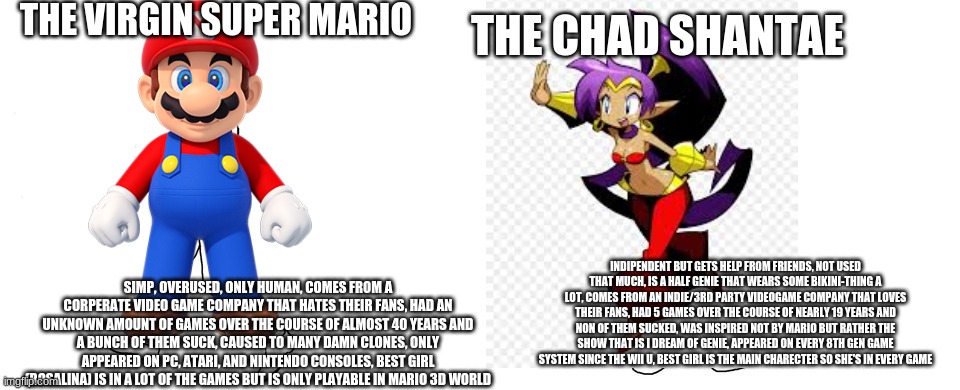 virgin super mario vs chad shantae | THE VIRGIN SUPER MARIO; THE CHAD SHANTAE; SIMP, OVERUSED, ONLY HUMAN, COMES FROM A CORPERATE VIDEO GAME COMPANY THAT HATES THEIR FANS, HAD AN UNKNOWN AMOUNT OF GAMES OVER THE COURSE OF ALMOST 40 YEARS AND A BUNCH OF THEM SUCK, CAUSED TO MANY DAMN CLONES, ONLY APPEARED ON PC, ATARI, AND NINTENDO CONSOLES, BEST GIRL (ROSALINA) IS IN A LOT OF THE GAMES BUT IS ONLY PLAYABLE IN MARIO 3D WORLD; INDIPENDENT BUT GETS HELP FROM FRIENDS, NOT USED THAT MUCH, IS A HALF GENIE THAT WEARS SOME BIKINI-THING A LOT, COMES FROM AN INDIE/3RD PARTY VIDEOGAME COMPANY THAT LOVES THEIR FANS, HAD 5 GAMES OVER THE COURSE OF NEARLY 19 YEARS AND NON OF THEM SUCKED, WAS INSPIRED NOT BY MARIO BUT RATHER THE SHOW THAT IS I DREAM OF GENIE, APPEARED ON EVERY 8TH GEN GAME SYSTEM SINCE THE WII U, BEST GIRL IS THE MAIN CHARECTER SO SHE'S IN EVERY GAME | image tagged in virgin vs chad,super mario,shantae | made w/ Imgflip meme maker