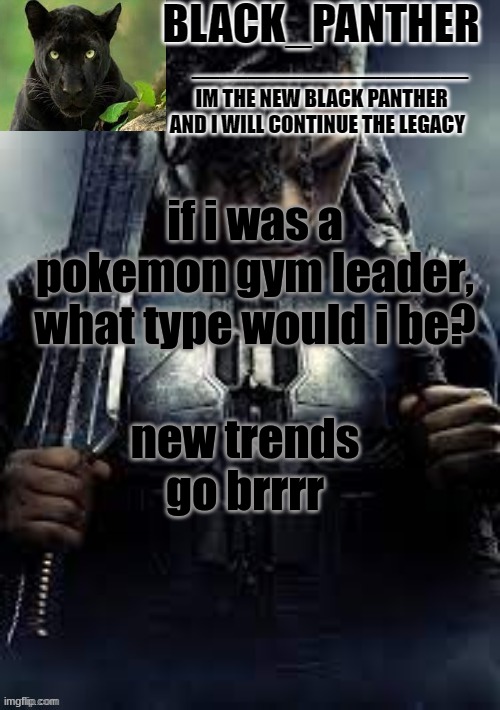 Black_Panther's new temp | if i was a pokemon gym leader, what type would i be? new trends go brrrr | image tagged in black_panther's new temp | made w/ Imgflip meme maker