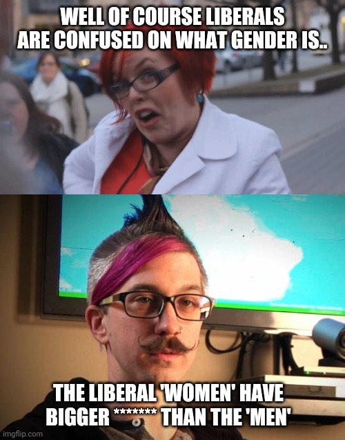 WELL OF COURSE LIBERALS ARE CONFUSED ON WHAT GENDER IS.. THE LIBERAL 'WOMEN' HAVE BIGGER ******* THAN THE 'MEN' | image tagged in angry redhead feminist,sjw cuck | made w/ Imgflip meme maker
