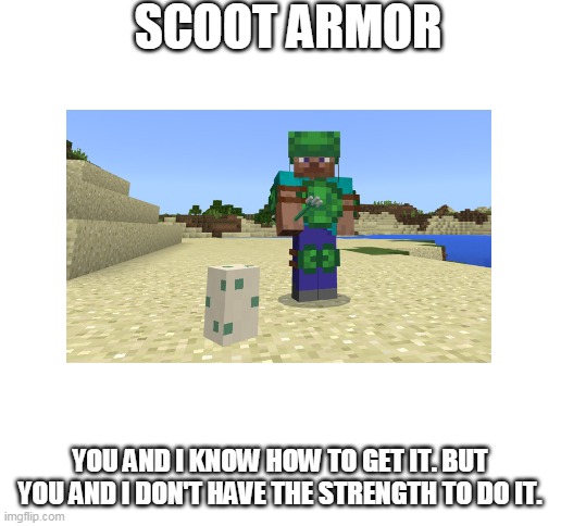 you know what you need to do to get it | SCOOT ARMOR; YOU AND I KNOW HOW TO GET IT. BUT YOU AND I DON'T HAVE THE STRENGTH TO DO IT. | image tagged in blank white template,scoot armor,minecraft | made w/ Imgflip meme maker