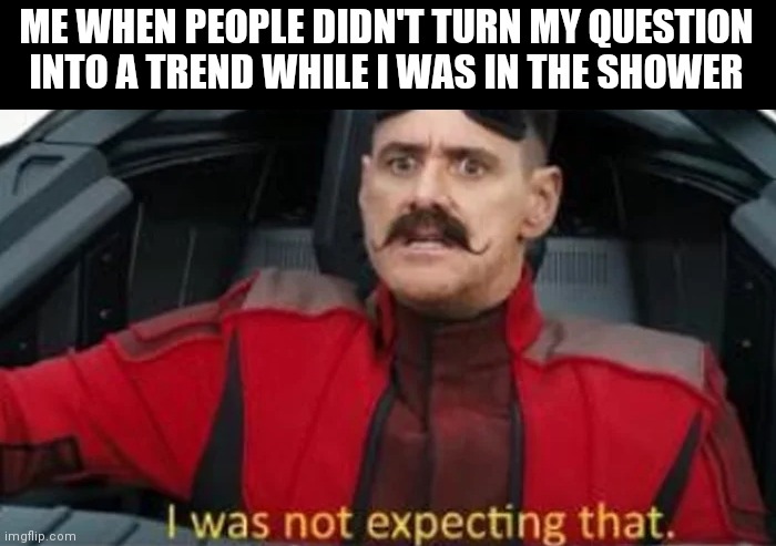 I was not expecting that | ME WHEN PEOPLE DIDN'T TURN MY QUESTION INTO A TREND WHILE I WAS IN THE SHOWER | image tagged in i was not expecting that | made w/ Imgflip meme maker