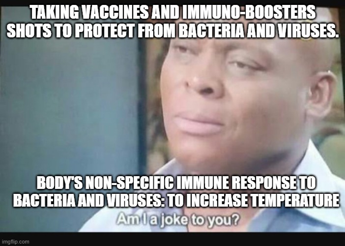 lol |  TAKING VACCINES AND IMMUNO-BOOSTERS SHOTS TO PROTECT FROM BACTERIA AND VIRUSES. BODY'S NON-SPECIFIC IMMUNE RESPONSE TO BACTERIA AND VIRUSES: TO INCREASE TEMPERATURE | image tagged in am i a joke to you | made w/ Imgflip meme maker