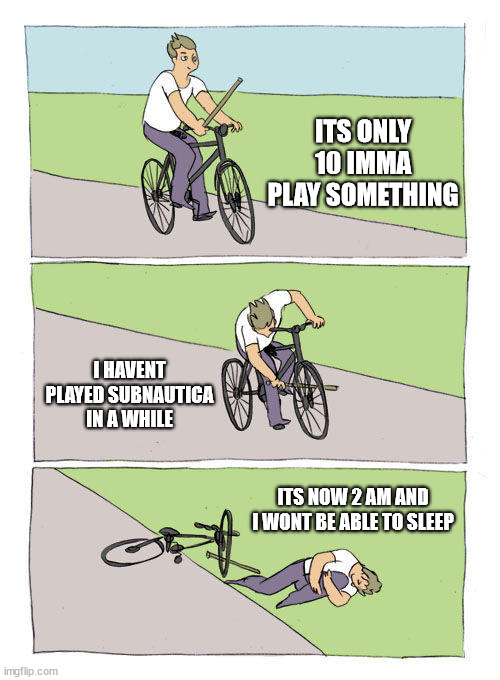 Playing subnautica at 10 pm | ITS ONLY 10 IMMA PLAY SOMETHING; I HAVENT PLAYED SUBNAUTICA IN A WHILE; ITS NOW 2 AM AND I WONT BE ABLE TO SLEEP | image tagged in memes,bike fall,subnautica,game,video games | made w/ Imgflip meme maker