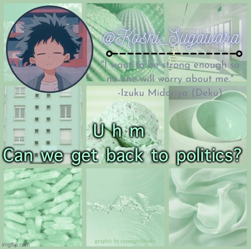 L o l | U h m 
Can we get back to politics? | image tagged in deku temp | made w/ Imgflip meme maker