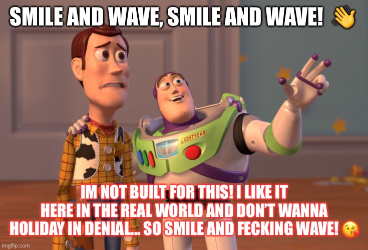 SMILE AND WAVE, SMILE AND WAVE!  ? IM NOT BUILT FOR THIS! I LIKE IT HERE IN THE REAL WORLD AND DON’T WANNA HOLIDAY IN DENIAL... SO SMILE AND | image tagged in memes,x x everywhere | made w/ Imgflip meme maker