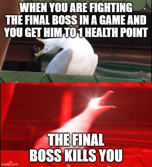When you die on the final boss | WHEN YOU ARE FIGHTING THE FINAL BOSS IN A GAME AND YOU GET HIM TO 1 HEALTH POINT; THE FINAL BOSS KILLS YOU | image tagged in screaming bird | made w/ Imgflip meme maker