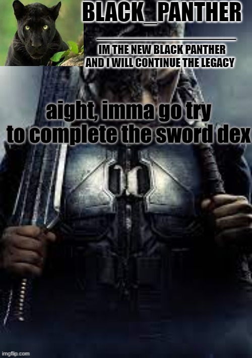 Black_Panther's new temp | aight, imma go try to complete the sword dex | image tagged in black_panther's new temp | made w/ Imgflip meme maker