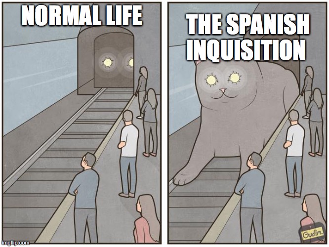 Cat Train | NORMAL LIFE; THE SPANISH INQUISITION | image tagged in cat train | made w/ Imgflip meme maker