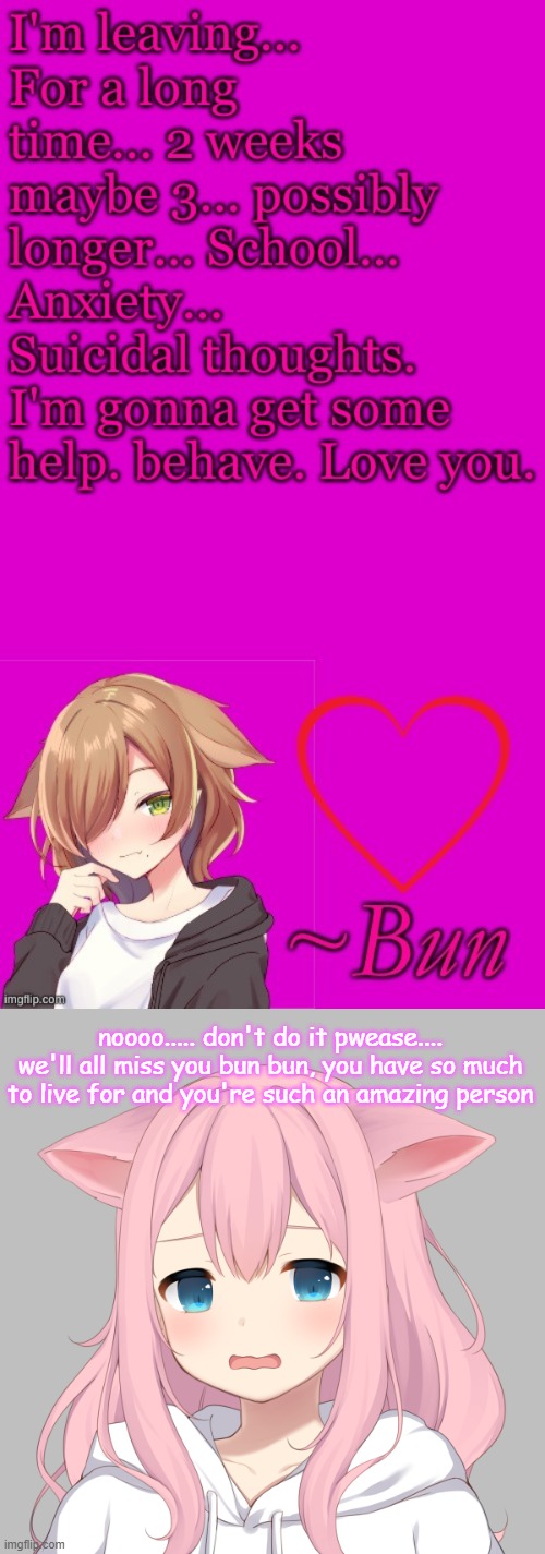 ;-; | noooo..... don't do it pwease.... we'll all miss you bun bun, you have so much to live for and you're such an amazing person | made w/ Imgflip meme maker