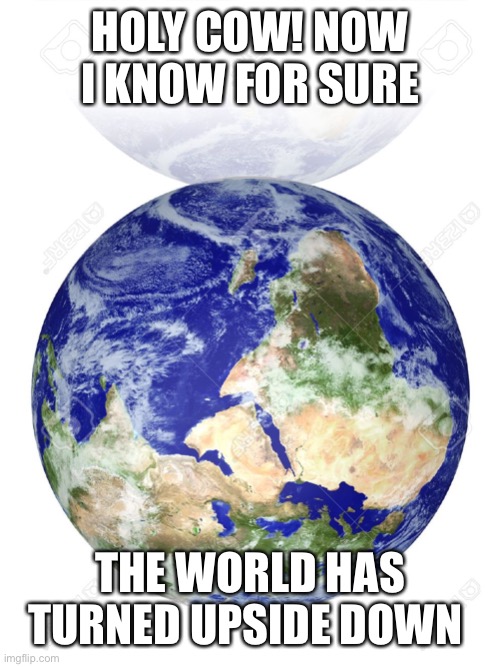 Earth Globe | HOLY COW! NOW I KNOW FOR SURE THE WORLD HAS TURNED UPSIDE DOWN | image tagged in earth globe | made w/ Imgflip meme maker