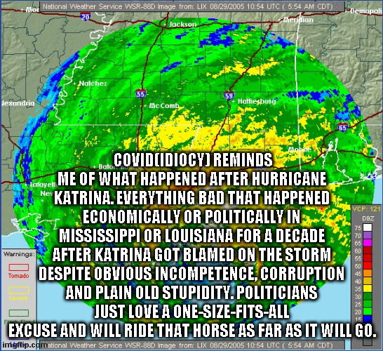 covid | COVID(IDIOCY) REMINDS ME OF WHAT HAPPENED AFTER HURRICANE KATRINA. EVERYTHING BAD THAT HAPPENED ECONOMICALLY OR POLITICALLY IN MISSISSIPPI OR LOUISIANA FOR A DECADE AFTER KATRINA GOT BLAMED ON THE STORM DESPITE OBVIOUS INCOMPETENCE, CORRUPTION AND PLAIN OLD STUPIDITY. POLITICIANS JUST LOVE A ONE-SIZE-FITS-ALL EXCUSE AND WILL RIDE THAT HORSE AS FAR AS IT WILL GO. | image tagged in politics | made w/ Imgflip meme maker