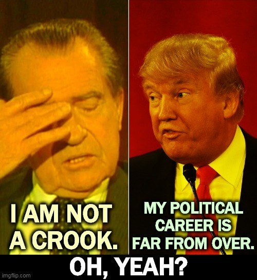 Such liars. | MY POLITICAL CAREER IS FAR FROM OVER. I AM NOT 
A CROOK. OH, YEAH? | image tagged in nixon trump two impeachable crooks and liars,nixon,trump,impeachment,liars,losers | made w/ Imgflip meme maker