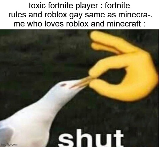 SHUT | toxic fortnite player : fortnite  rules and roblox gay same as minecra-.
me who loves roblox and minecraft : | image tagged in shut | made w/ Imgflip meme maker