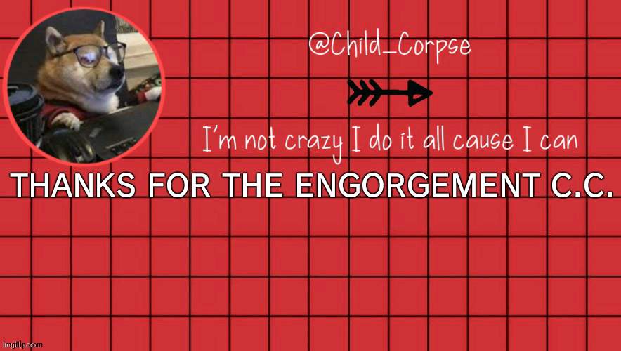 Thanks C.C. | THANKS FOR THE ENGORGEMENT C.C. | image tagged in child_corpse announcement template 2,engorgement | made w/ Imgflip meme maker