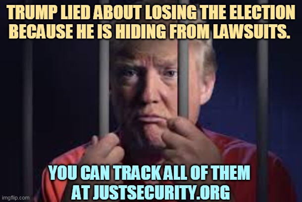He can run, but he can't hide. | TRUMP LIED ABOUT LOSING THE ELECTION BECAUSE HE IS HIDING FROM LAWSUITS. YOU CAN TRACK ALL OF THEM 
AT JUSTSECURITY.ORG | image tagged in trump,guilty,criminal,lawsuit,endless | made w/ Imgflip meme maker