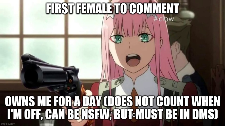 Zero Two with a .44 Magnum | FIRST FEMALE TO COMMENT; OWNS ME FOR A DAY (DOES NOT COUNT WHEN I'M OFF, CAN BE NSFW, BUT MUST BE IN DMS) | image tagged in zero two with a 44 magnum | made w/ Imgflip meme maker