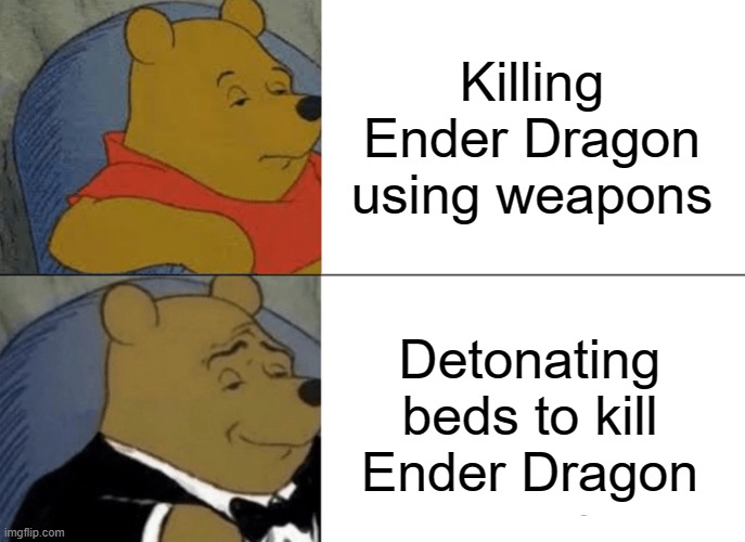 God says | Killing Ender Dragon using weapons; Detonating beds to kill Ender Dragon | image tagged in memes,tuxedo winnie the pooh | made w/ Imgflip meme maker