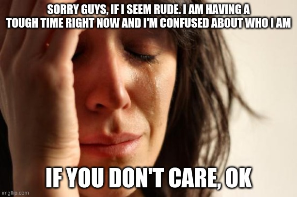 First World Problems | SORRY GUYS, IF I SEEM RUDE. I AM HAVING A TOUGH TIME RIGHT NOW AND I'M CONFUSED ABOUT WHO I AM; IF YOU DON'T CARE, OK | image tagged in memes,first world problems | made w/ Imgflip meme maker