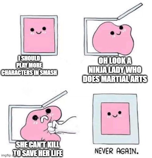 Never again | I SHOULD PLAY MORE CHARACTERS IN SMASH; OH LOOK A NINJA LADY WHO DOES MARTIAL ARTS; SHE CAN'T KILL TO SAVE HER LIFE | image tagged in never again | made w/ Imgflip meme maker