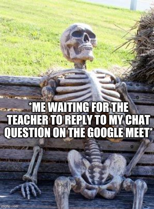 Waiting Skeleton Meme |  *ME WAITING FOR THE TEACHER TO REPLY TO MY CHAT QUESTION ON THE GOOGLE MEET* | image tagged in memes,waiting skeleton | made w/ Imgflip meme maker