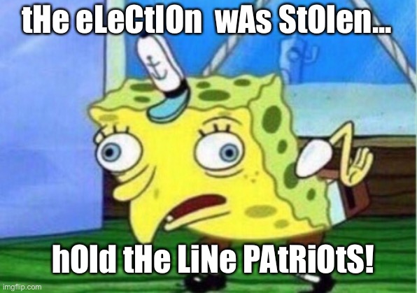 Election fraud | tHe eLeCtIOn  wAs StOlen... hOld tHe LiNe PAtRiOtS! | image tagged in memes,mocking spongebob,political meme,politics | made w/ Imgflip meme maker