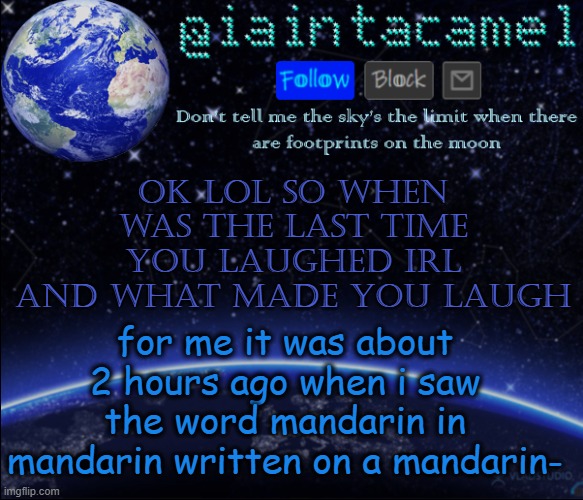 my humor is weird dont judge me lmao | Ok lol so when was the last time you laughed irl and what made you laugh; for me it was about 2 hours ago when i saw the word mandarin in mandarin written on a mandarin- | image tagged in iaintacamel | made w/ Imgflip meme maker