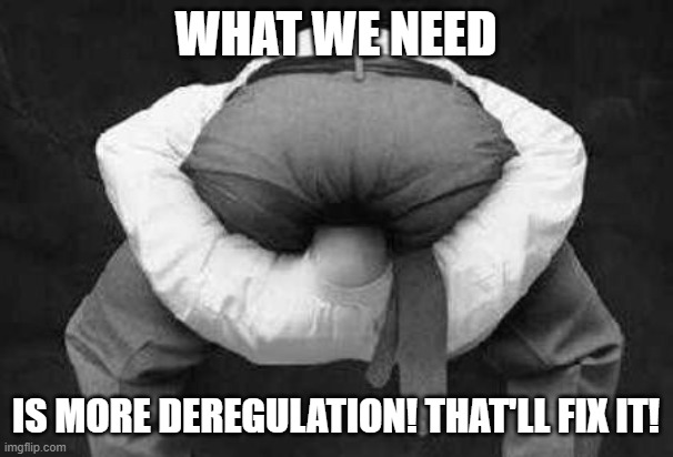 Head Up Butt | WHAT WE NEED IS MORE DEREGULATION! THAT'LL FIX IT! | image tagged in head up butt | made w/ Imgflip meme maker