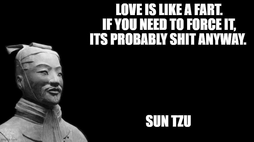 Sun Tzu | LOVE IS LIKE A FART. IF YOU NEED TO FORCE IT, ITS PROBABLY SHIT ANYWAY. SUN TZU | image tagged in sun tzu | made w/ Imgflip meme maker