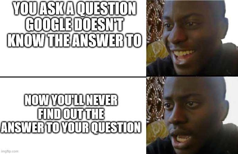 Realization | YOU ASK A QUESTION GOOGLE DOESN'T KNOW THE ANSWER TO; NOW YOU'LL NEVER FIND OUT THE ANSWER TO YOUR QUESTION | image tagged in realization | made w/ Imgflip meme maker