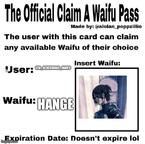 Official claim a waifu pass | LEVI_ACKERMANS_WAIFU; HANGE | image tagged in official claim a waifu pass | made w/ Imgflip meme maker