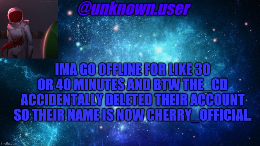 unknown.user | IMA GO OFFLINE FOR LIKE 30 OR 40 MINUTES AND BTW THE_CD ACCIDENTALLY DELETED THEIR ACCOUNT SO THEIR NAME IS NOW CHERRY_OFFICIAL. | image tagged in unknown user | made w/ Imgflip meme maker
