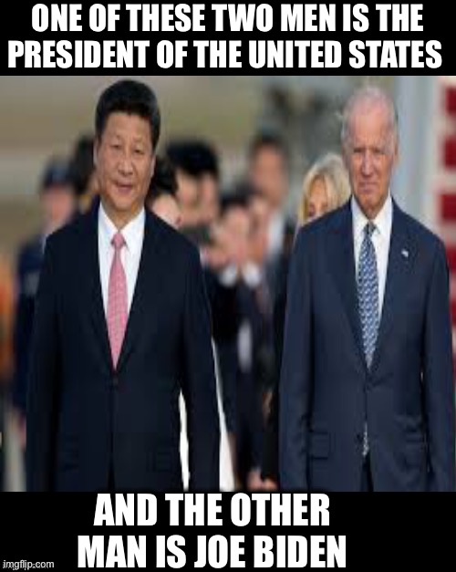 Xi Jinping and Joe Biden | ONE OF THESE TWO MEN IS THE PRESIDENT OF THE UNITED STATES; AND THE OTHER MAN IS JOE BIDEN | image tagged in joe biden,xi jinping,china,united states,covid-19,memes | made w/ Imgflip meme maker
