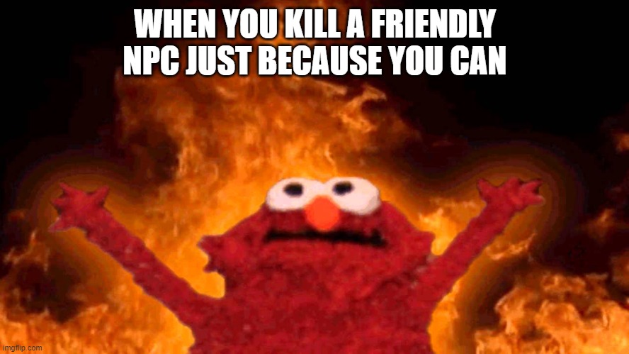 elmo fire | WHEN YOU KILL A FRIENDLY NPC JUST BECAUSE YOU CAN | image tagged in elmo fire | made w/ Imgflip meme maker