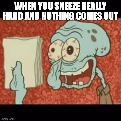 Feels good | WHEN YOU SNEEZE REALLY HARD AND NOTHING COMES OUT | image tagged in stressed out squidward | made w/ Imgflip meme maker