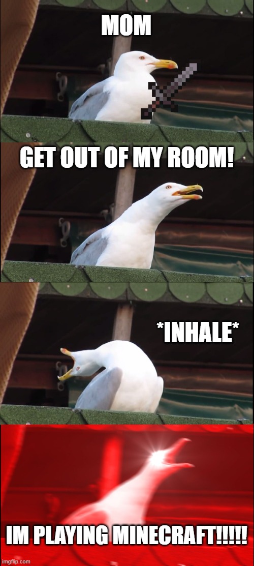 Inhaling Seagull | MOM; GET OUT OF MY ROOM! *INHALE*; IM PLAYING MINECRAFT!!!!! | image tagged in memes,inhaling seagull | made w/ Imgflip meme maker