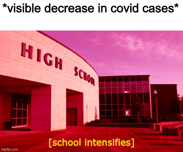 should have made this meme earlier | *visible decrease in covid cases*; [school intensifies] | image tagged in school meme | made w/ Imgflip meme maker