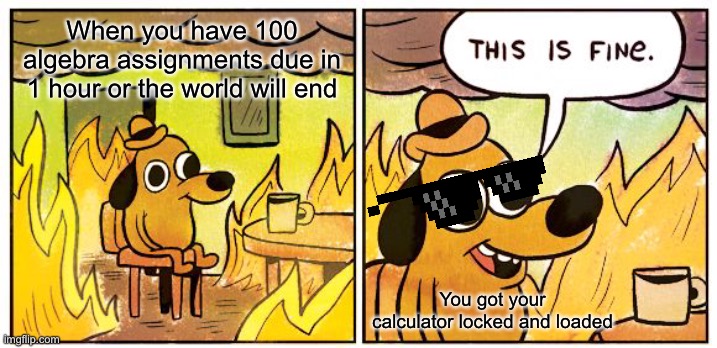 The Assignments | When you have 100 algebra assignments due in 1 hour or the world will end; You got your calculator locked and loaded | image tagged in memes,this is fine,calculator,algebra | made w/ Imgflip meme maker