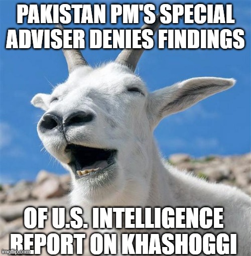 Pakistan PM's special adviser denies findings of U.S. intelligence report on Khashoggi | PAKISTAN PM'S SPECIAL ADVISER DENIES FINDINGS; OF U.S. INTELLIGENCE REPORT ON KHASHOGGI | image tagged in memes,laughing goat | made w/ Imgflip meme maker