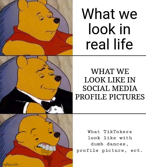 Best,Better, Blurst | What we look in real life; WHAT WE LOOK LIKE IN SOCIAL MEDIA PROFILE PICTURES; What TikTokers look like with dumb dances, profile picture, ect. | image tagged in dumbtiktokers | made w/ Imgflip meme maker