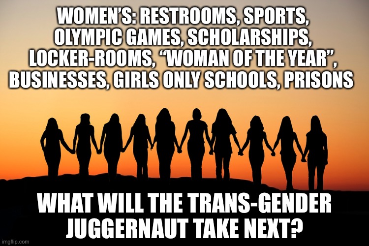 Haven't women suffered enough? | WOMEN’S: RESTROOMS, SPORTS, OLYMPIC GAMES, SCHOLARSHIPS, LOCKER-ROOMS, “WOMAN OF THE YEAR”, BUSINESSES, GIRLS ONLY SCHOOLS, PRISONS; WHAT WILL THE TRANS-GENDER JUGGERNAUT TAKE NEXT? | image tagged in women,women's rights | made w/ Imgflip meme maker