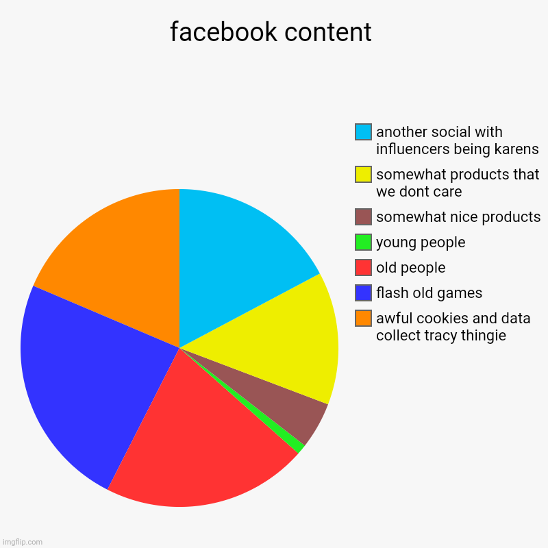 behold, my vision on facebook | facebook content | awful cookies and data collect tracy thingie, flash old games, old people, young people, somewhat nice products, somewhat | image tagged in charts,pie charts,facebook,internet | made w/ Imgflip chart maker