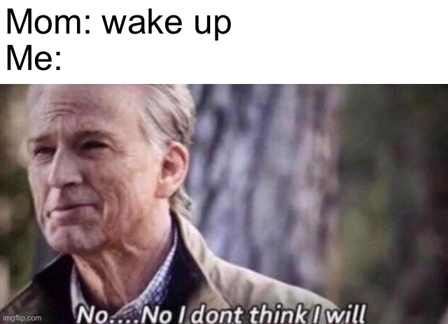 actually I should be eating breakfast rn | Mom: wake up
Me: | image tagged in no i don't think i will | made w/ Imgflip meme maker