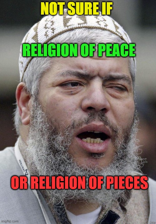 Not Sure If Religion of Peace or Religion of Pieces | RELIGION OF PEACE; NOT SURE IF; OR RELIGION OF PIECES | image tagged in not sure abu hamza terrorist | made w/ Imgflip meme maker