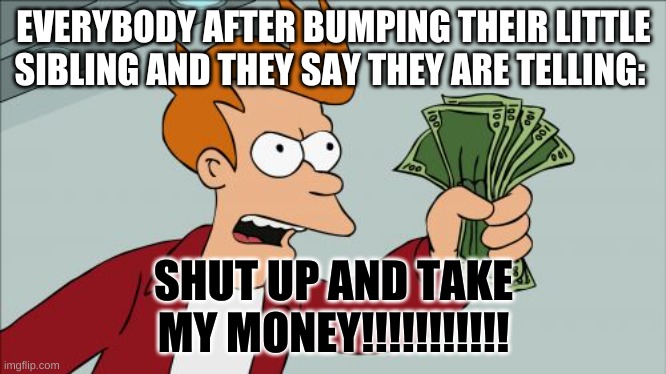 Shut Up And Take My Money Fry | EVERYBODY AFTER BUMPING THEIR LITTLE SIBLING AND THEY SAY THEY ARE TELLING:; SHUT UP AND TAKE MY MONEY!!!!!!!!!!! | image tagged in memes,shut up and take my money fry | made w/ Imgflip meme maker