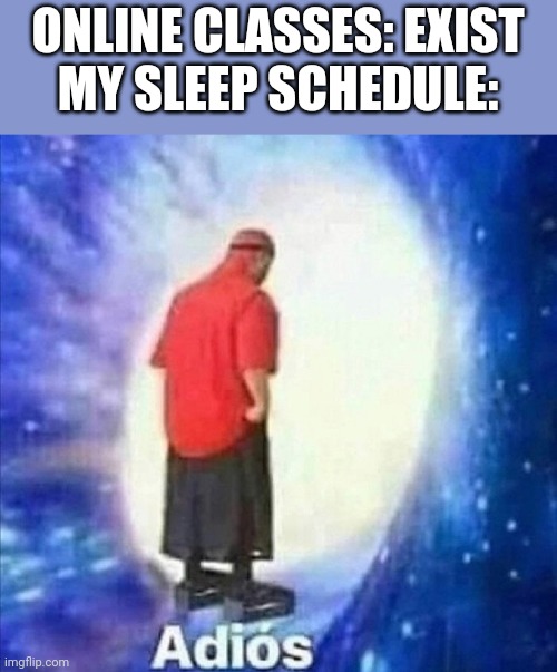 Adios | ONLINE CLASSES: EXIST
MY SLEEP SCHEDULE: | image tagged in adios,funny,memes | made w/ Imgflip meme maker