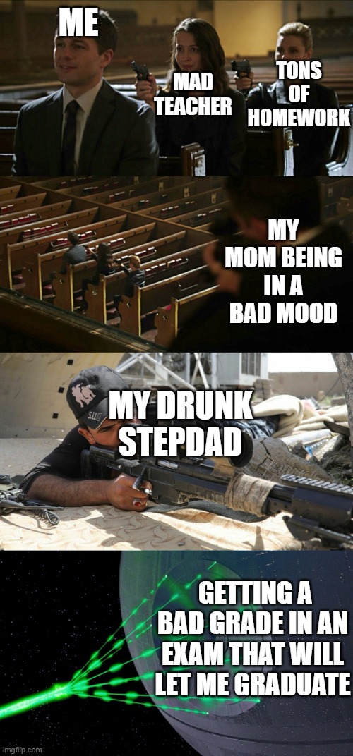 Church gun meme expanded | MAD TEACHER; TONS OF HOMEWORK; ME; MY MOM BEING IN A BAD MOOD; MY DRUNK STEPDAD; GETTING A BAD GRADE IN AN EXAM THAT WILL LET ME GRADUATE | image tagged in church gun meme expanded | made w/ Imgflip meme maker