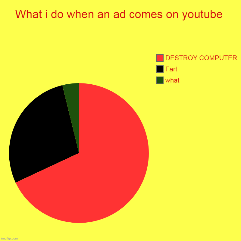 What i do when an ad comes on youtube | what, Fart, DESTROY COMPUTER | image tagged in charts,pie charts | made w/ Imgflip chart maker